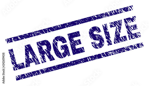 LARGE SIZE seal stamp with distress style. Blue vector rubber print of LARGE SIZE label with unclean texture. Text label is placed between parallel lines.