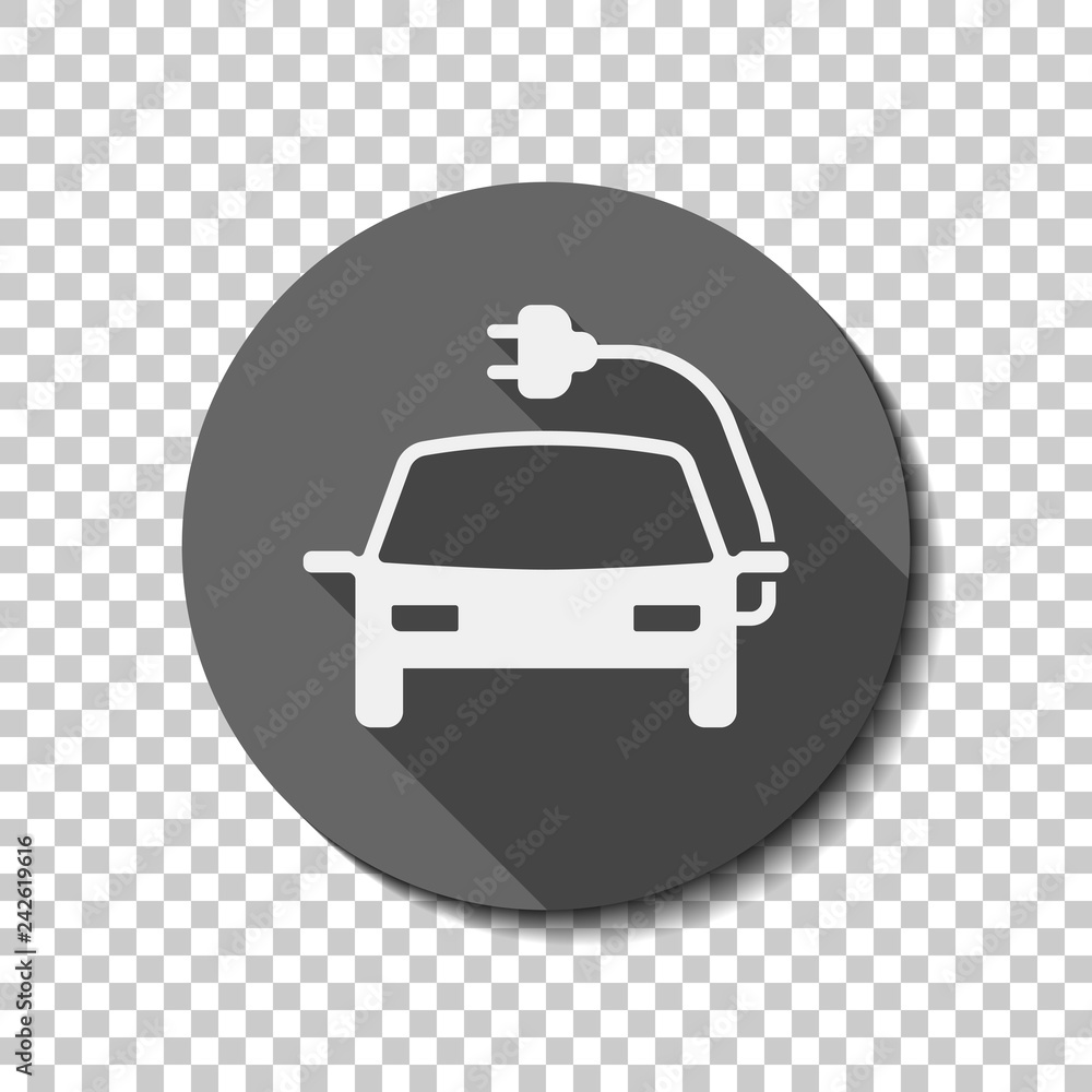 Eco logo of electric car with lightning mark, technology icon. flat icon, long shadow, circle, transparent grid. Badge or sticker style Eco logo of electric car with lightning mark, technology icon. flat icon, long shadow, circle, transparent grid. Badge or sticker style