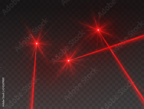 Laser beams isolated on transparent background. Abstract red lazer light rays with glow targets. Vector security or neon line effect for your design.