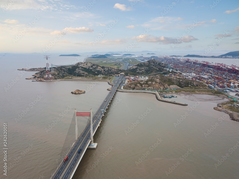 Port trade city of a sea-crossing bridge, aerial perspective