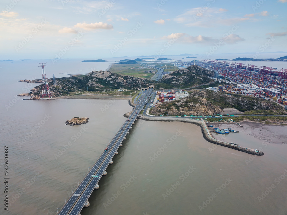 Port trade city of a sea-crossing bridge, aerial perspective