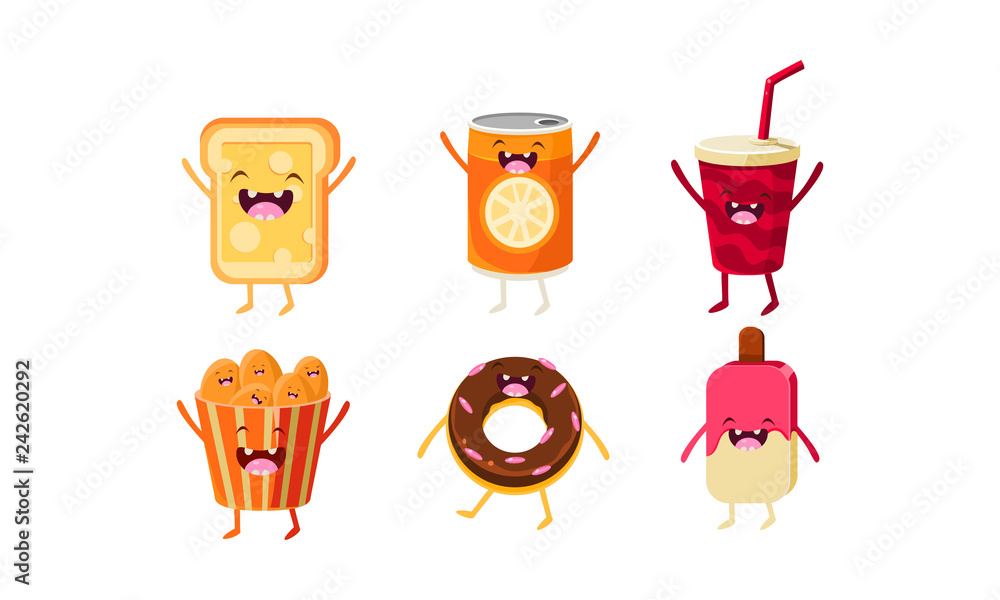 Funny fast food characters set, cheese sandwich, soda drink, nuggets, glazed donut, popsicle vector Illustration