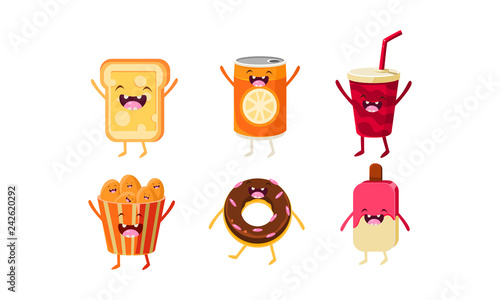 Wallpaper Mural Funny fast food characters set, cheese sandwich, soda drink, nuggets, glazed donut, popsicle vector Illustration Torontodigital.ca