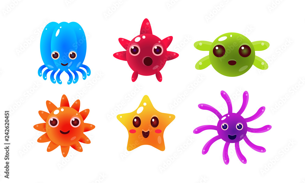 Sea creatures set, cute marine colorful bright glossy animal characters vector Illustration
