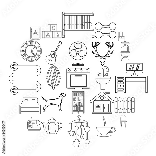 Cozy home icons set. Outline set of 25 cozy home vector icons for web isolated on white background