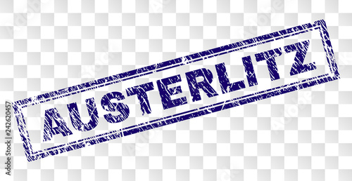 AUSTERLITZ stamp seal print with rubber print style and double framed rectangle shape. Stamp is placed on a transparent background. Blue vector rubber print of AUSTERLITZ title with unclean texture.