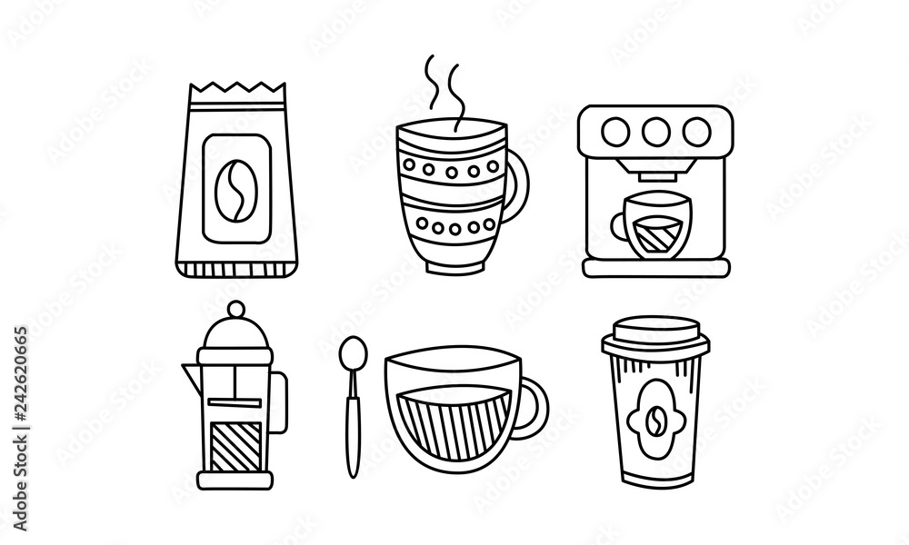 Hand drawn kitchen utensils set, coffee pot, mug, coffee machine, disposable paper cup vector Illustration Hand drawn kitchen utensils set, coffee pot, mug, coffee machine, disposable paper cup vector Illustration