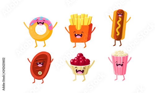 Funny fast food characters set, donut, french fries, hot dog, meat steak, ice cream, popcorn vector Illustration
