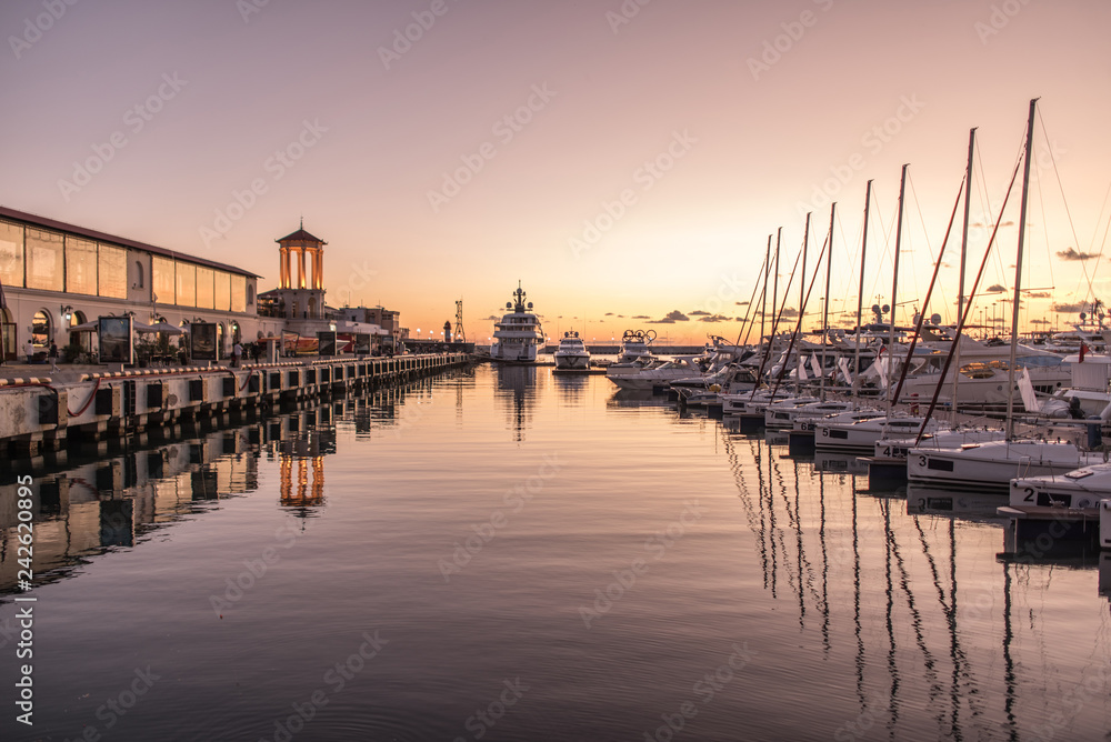 sea port in Sochi, sea port at sunset, a seaport in calm weather, boats, boats