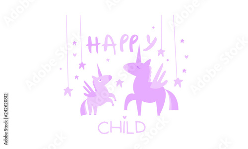 Happy child, cute kids poster with an unicorn, template can be used for invitation, card, poster, banner vector Illustration