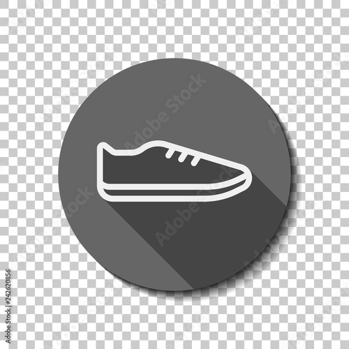 Shoe or sneaker, outline linear icon of sport. flat icon, long shadow, circle, transparent grid. Badge or sticker style