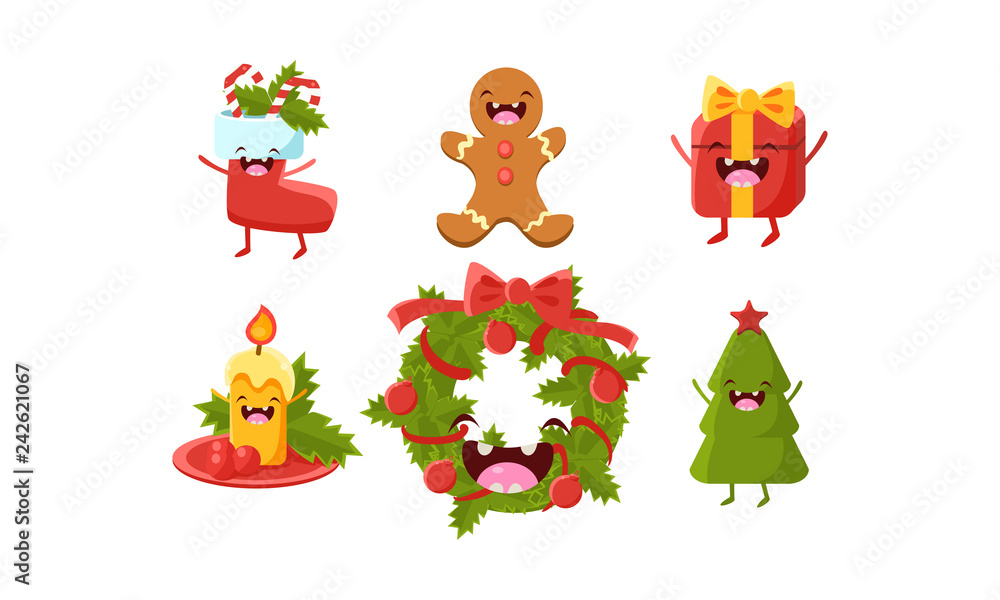 Cute Christmas cartoon characters set, wreath, gift box, candle, candy cane, sock, gingerbread, holiday tree, funny decoration elements vector Illustration