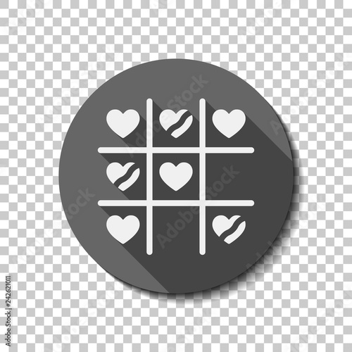 Tic tac toe game, love version with heart, valentine day icon. flat icon, long shadow, circle, transparent grid. Badge or sticker style