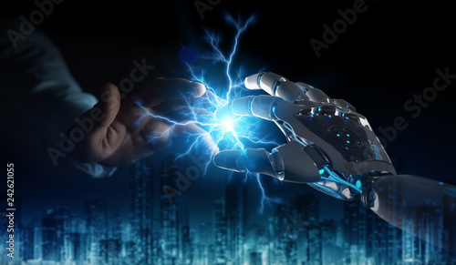 Robot hand creating electricity with human hand 3D rendering