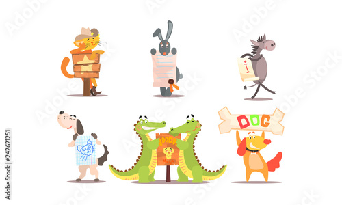 Collection of funny animals in different situations, amusing animals holding signs vector Illustration