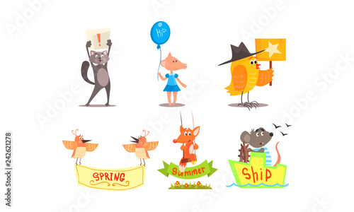 Cute humanized animals set, funny animals holding different signs vector Illustration