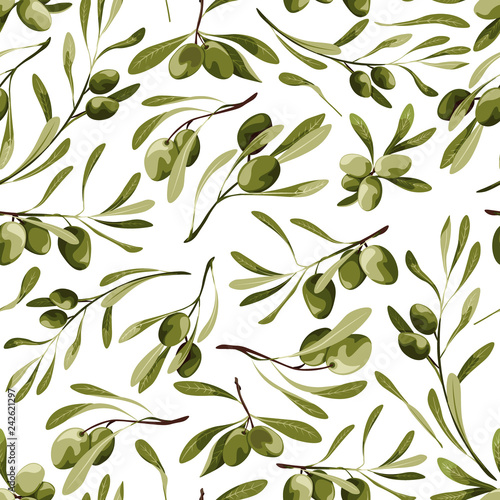 Vector seamless pattern with olive tree on a white background with plant and leaves