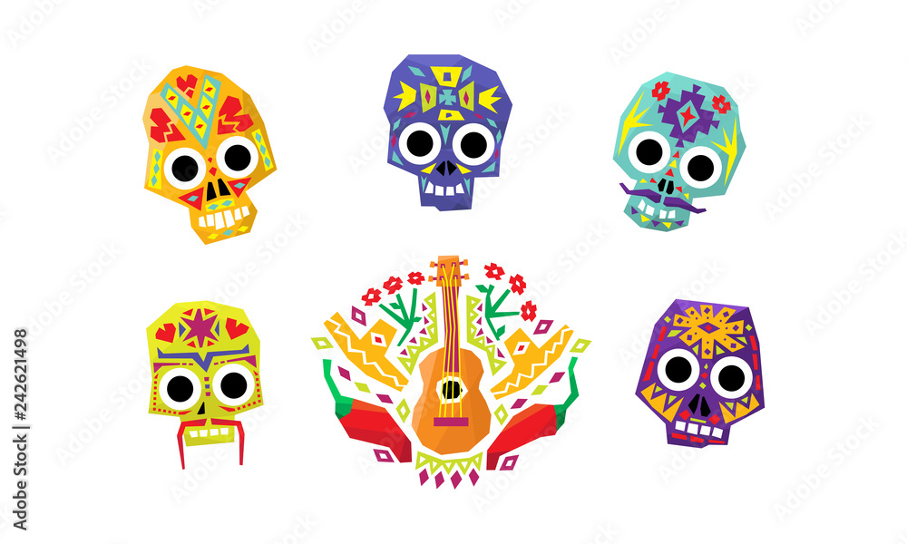 Mexican sugar skulls set, Day of the dead, Mexican cultural symbols vector Illustration