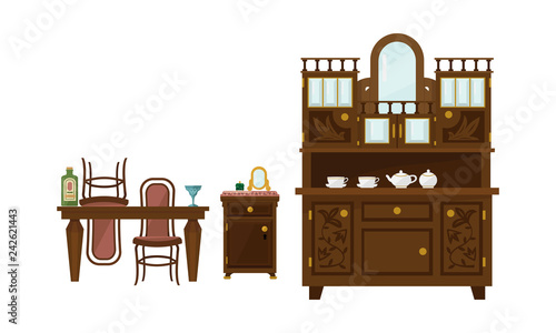 Retro dining room interior with table, chairs and sideboard vector Illustration