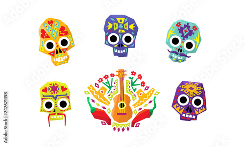 Mexican sugar skulls set, Day of the dead, Mexican cultural symbols vector Illustration
