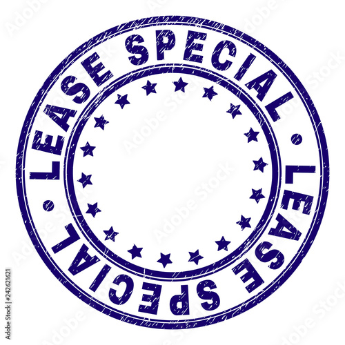 LEASE SPECIAL stamp seal watermark with grunge texture. Designed with round shapes and stars. Blue vector rubber print of LEASE SPECIAL caption with dirty texture.