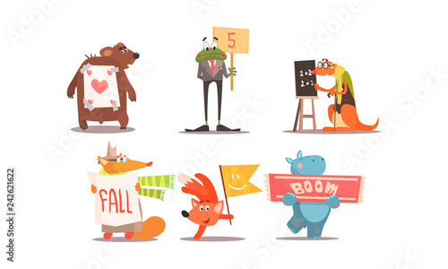 Cute humanized animals set, funny animals with different signs vector Illustration