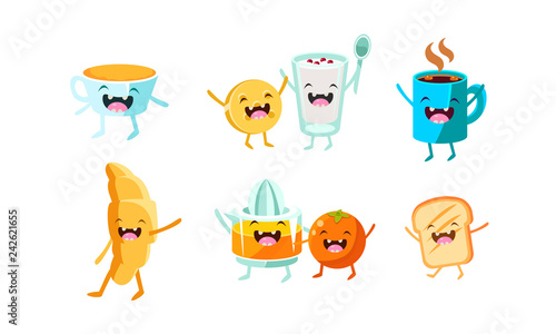 Cute food and drinks characters set, funny healthy breakfast dishes vector Illustration
