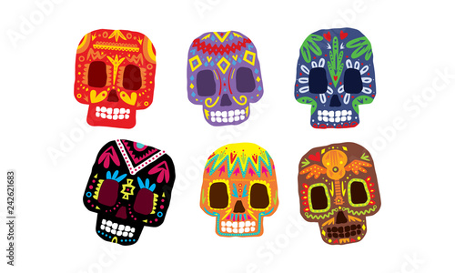 Mexican sugar skulls set, Day of the dead colorful symbols, Dia de los muertos vector Illustration