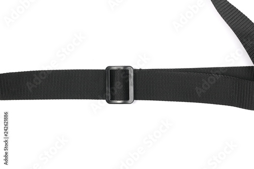 Black nylon belt, strap isolated on white background, top view