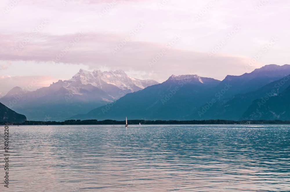 Lake Geneva in Montreux with Swiss Alps view