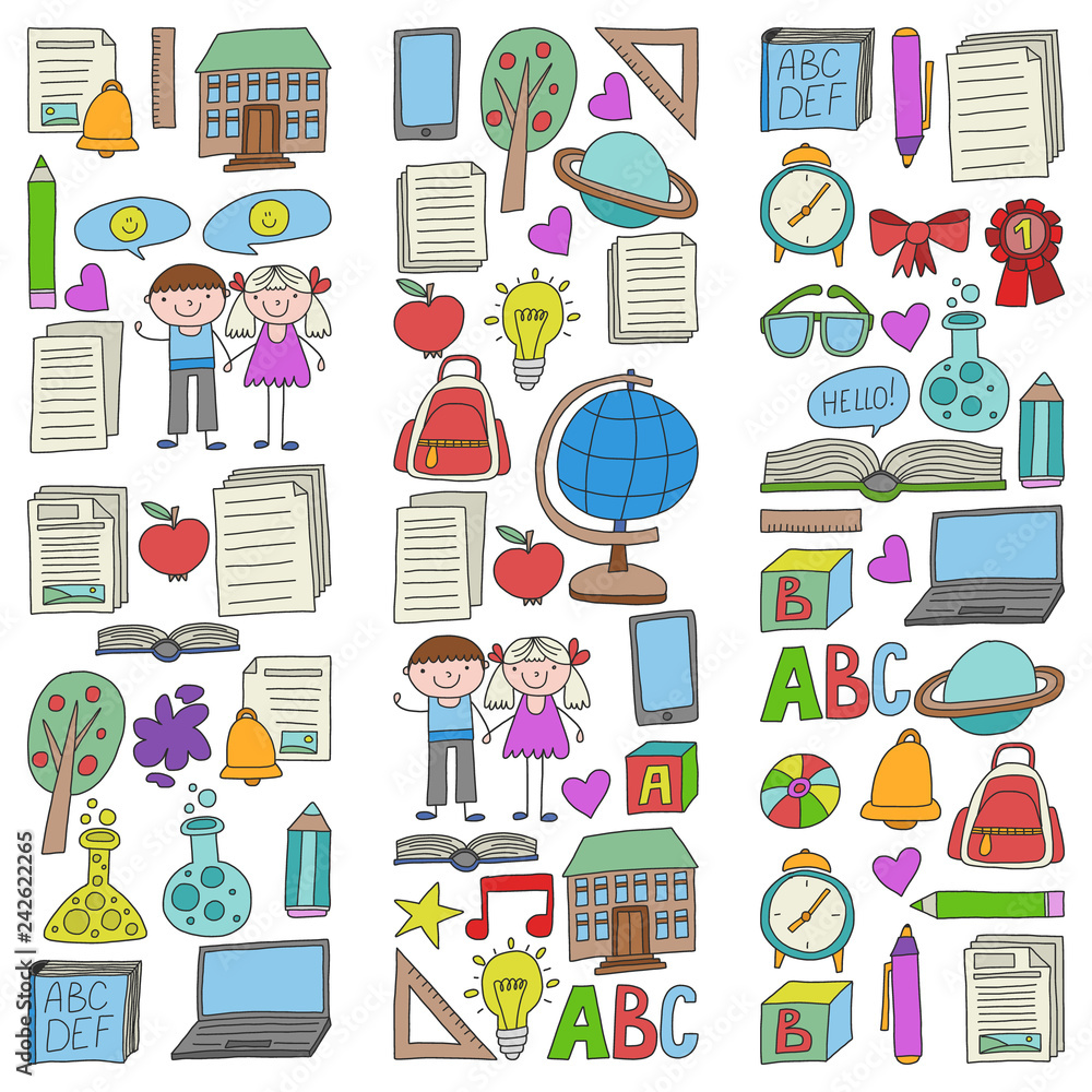 Vector set of Back to School icons in doodle style. Painted, colorful, pictures on a piece of paper on white background.