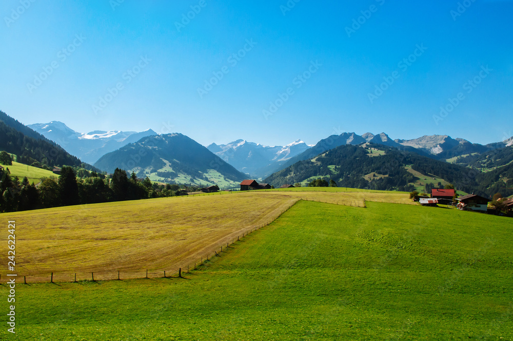 Farmland and rural cottages on hills in suburb area of Montreux