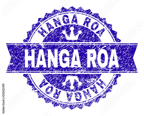 HANGA ROA rosette stamp watermark with distress style. Designed with round rosette, ribbon and small crowns. Blue vector rubber watermark of HANGA ROA text with retro style.