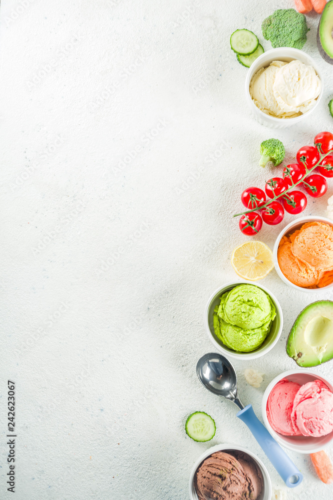 Trendy vegan food, summer healthy dessert concept, colorful diet vegetable ice cream with avocado, cucumber, tomato, beet, carrot, broccoli, cauliflower. Frozen veggie smoothie, banner Trendy vegan food, summer healthy dessert concept, colorful diet vegetable ice cream with avocado, cucumber, tomato, beet, carrot, broccoli, cauliflower. Frozen veggie smoothie, banner
