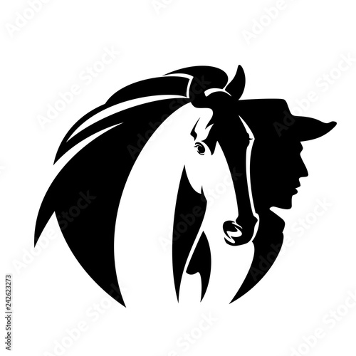 cowboy man and mustang horse head portrait - wild west theme black and white vector design