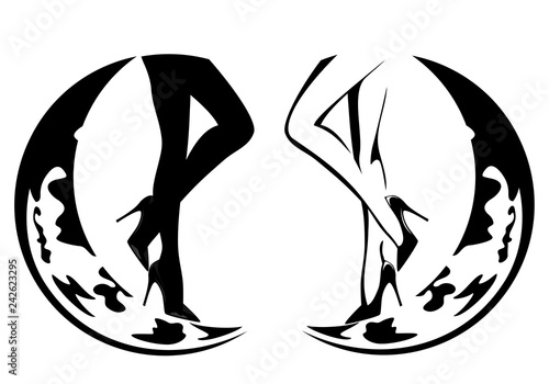 beautiful woman legs wearing high heeled shoes and crescent moon - black and white vector design set