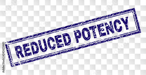 REDUCED POTENCY stamp seal print with rubber print style and double framed rectangle shape. Stamp is placed on a transparent background.