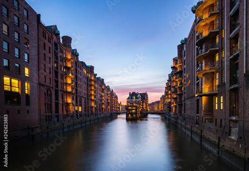 Hamburg Speicherstadt (warehouse district) in the evening, with Watercastle (Wasserschloss)