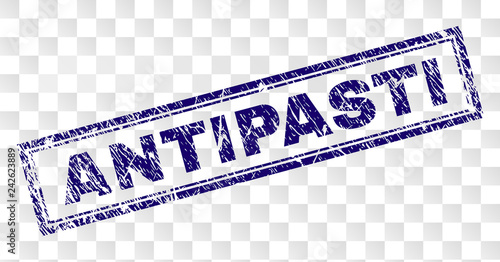 ANTIPASTI stamp seal print with grainy style and double framed rectangle shape. Stamp is placed on a transparent background. Blue vector rubber print of ANTIPASTI text with unclean texture.
