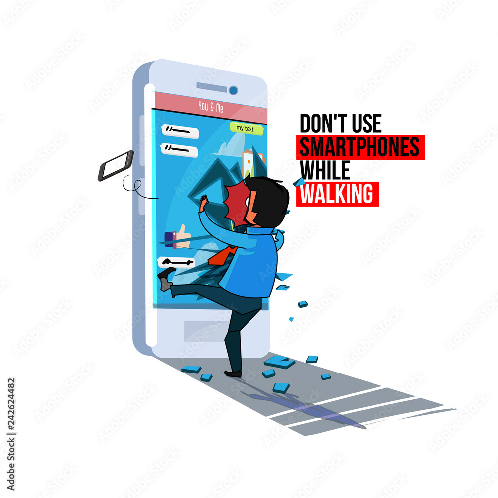 Vecteur Stock Men bumped into the smartphone with text Don't use smartphones  while walking - vector illustration | Adobe Stock