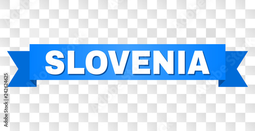 SLOVENIA text on a ribbon. Designed with white caption and blue stripe. Vector banner with SLOVENIA tag on a transparent background.