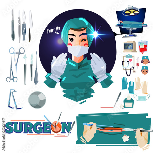 Surgeon with medical icon set in operation room - vector illustration