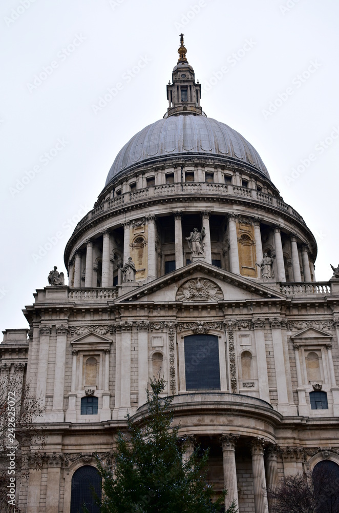 St Pauls Cathedral. North side with dome and Christmas tree. London, United Kingdom.