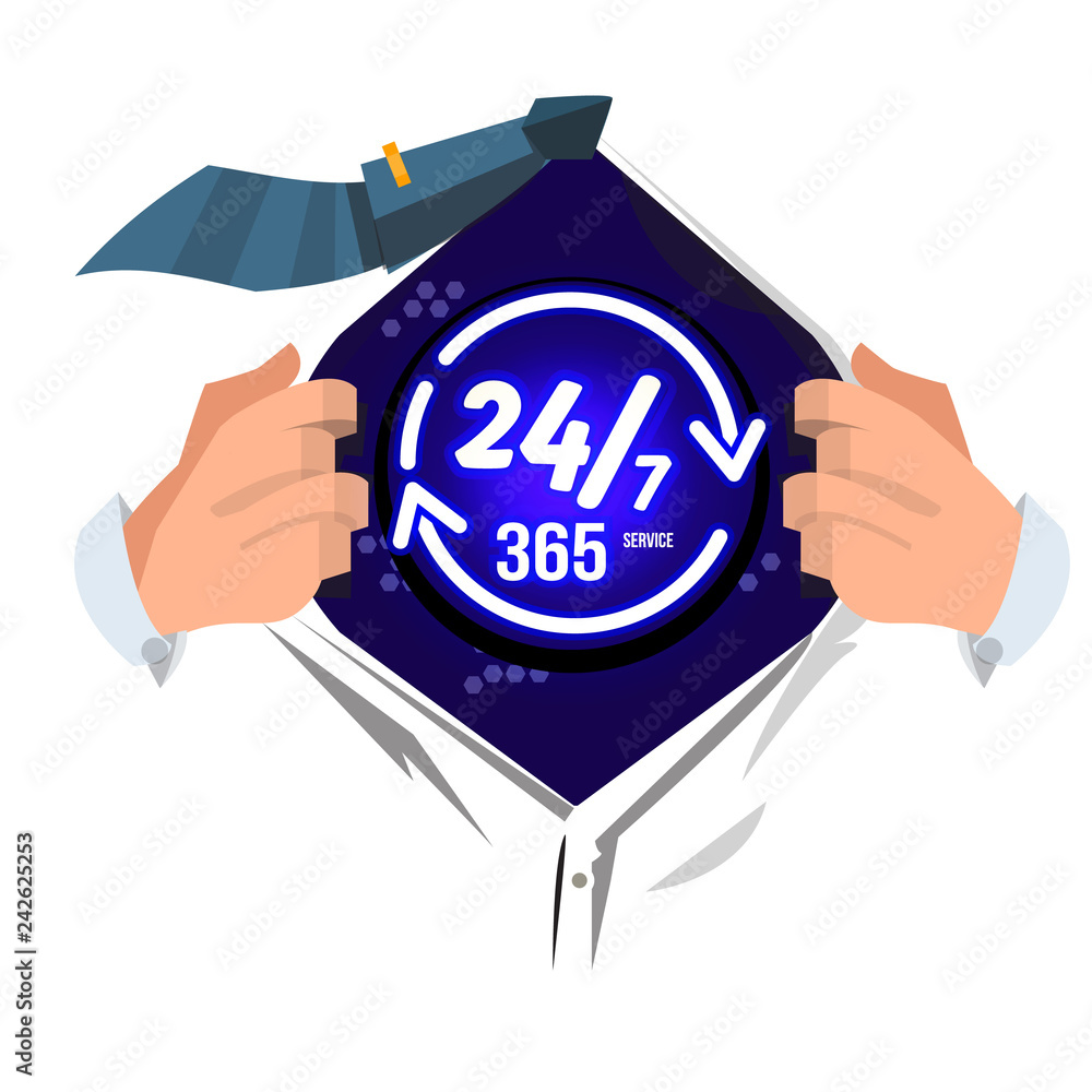 Man Open Shirt To Show 24 7 And 365 Typograpic Service 24 Hours 7 Days 365 Days Or A Year Concept Vector Stock Vector Adobe Stock Man Open Shirt To Show 24 7 And 365 Typograpic Service 24 Hours 7 Days 365 Days Or A Year Concept Vector Stock Vector Adobe Stock