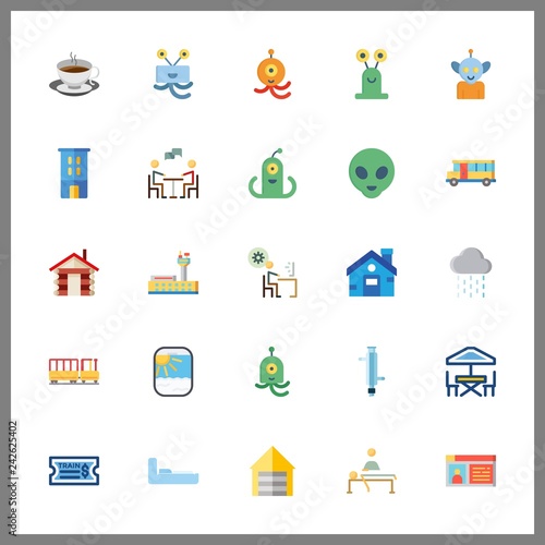 25 window icon. Vector illustration window set. train ticket and bus icons for window works