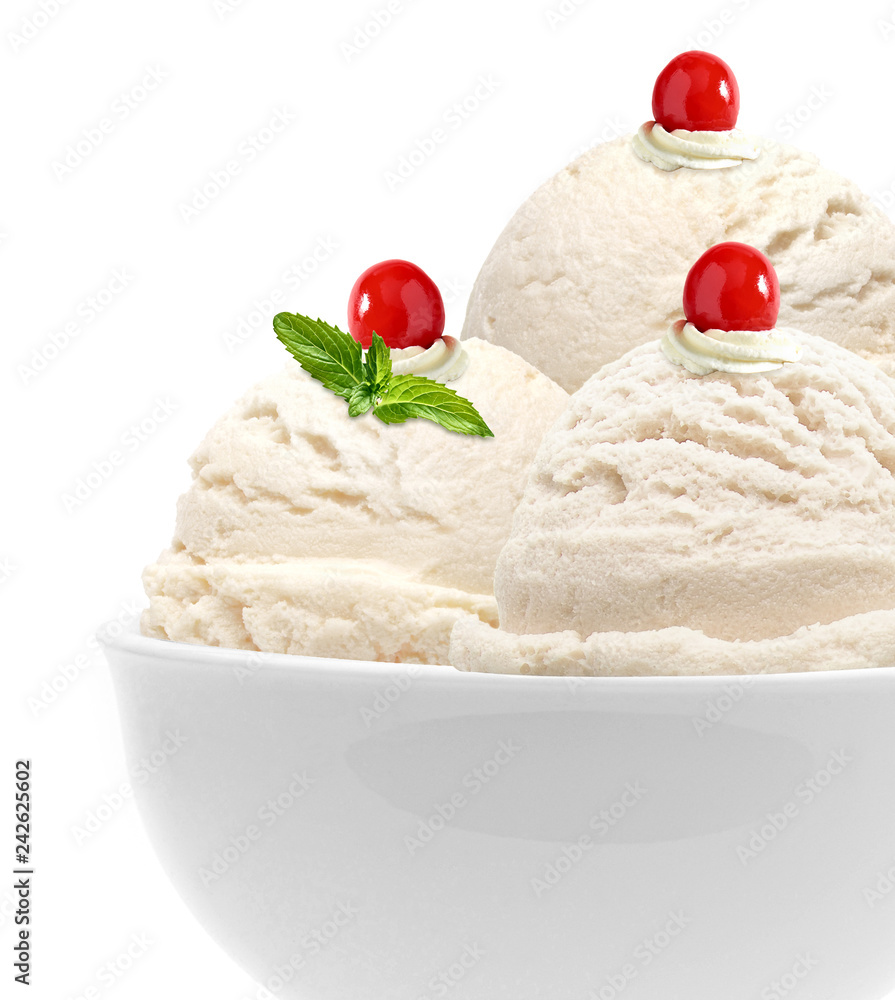 Vanilla ice cream scoops with maraschino cherry in bowl isolated on white background Vanilla ice cream scoops with maraschino cherry in bowl isolated on white background