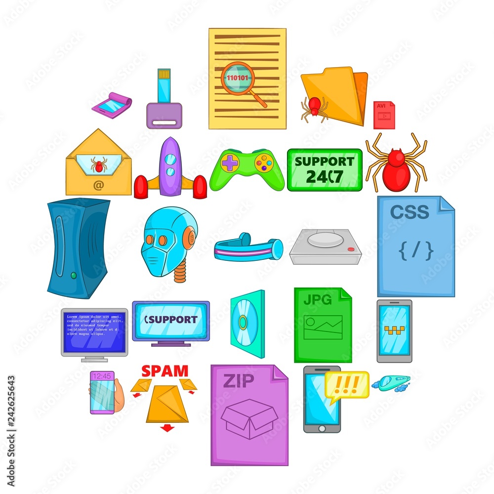 Spyware icons set. Cartoon set of 25 spyware vector icons for web isolated on white background Spyware icons set. Cartoon set of 25 spyware vector icons for web isolated on white background