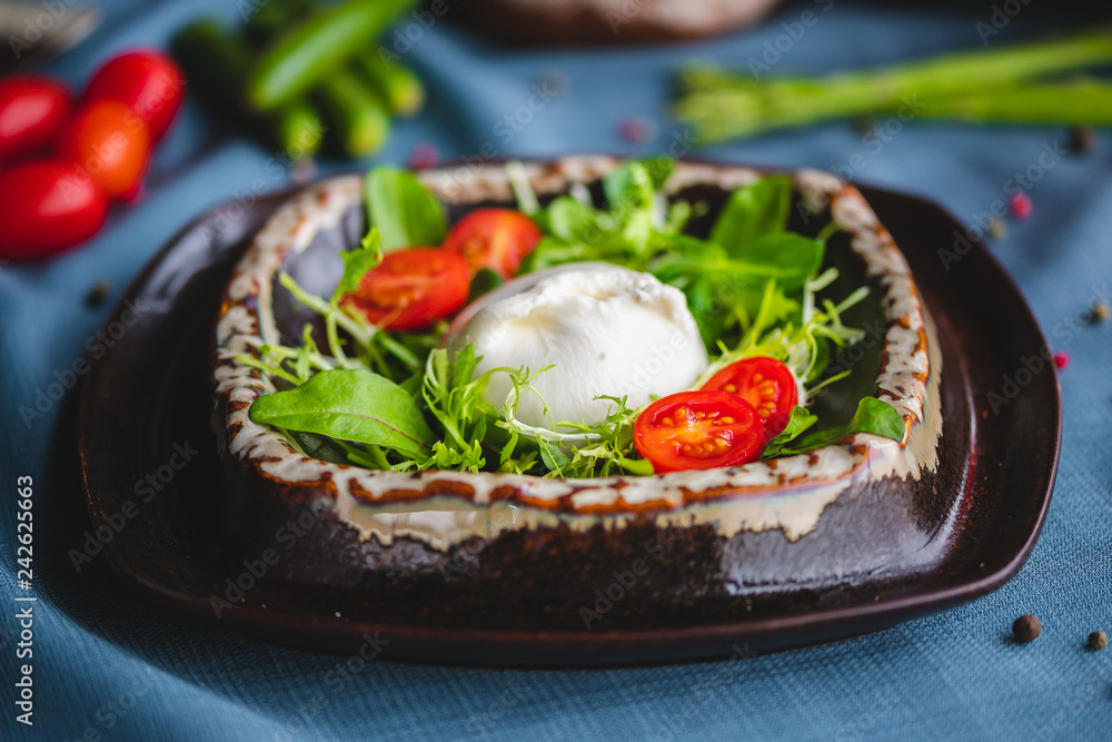 breakfast, poached egg with salad breakfast, poached egg with salad