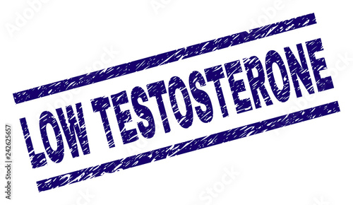 LOW TESTOSTERONE seal print with scratced style. Blue vector rubber print of LOW TESTOSTERONE tag with corroded texture. Text label is placed between parallel lines.