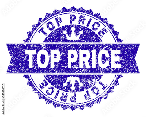 TOP PRICE rosette stamp imitation with distress style. Designed with round rosette, ribbon and small crowns. Blue vector rubber watermark of TOP PRICE caption with corroded style.